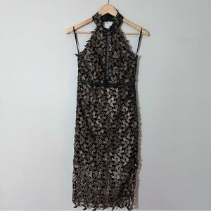 Bardot Gold Leaf Halter Sheer Black Midi Dress Size US 4/XS Night Out Dress Gala